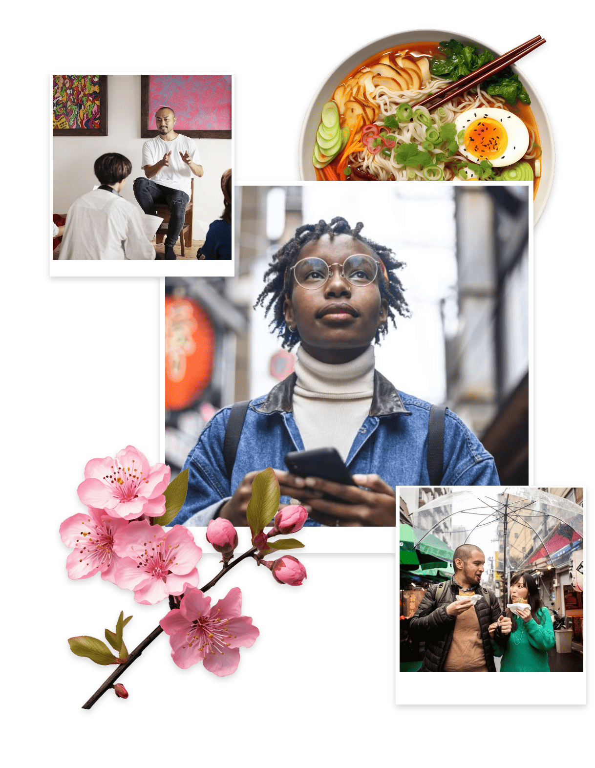 A collage of diverse images: a lesson between a male and a young male client, a bowl of Asian noodle soup, a young black woman with glasses in an urban setting, cherry blossoms and a couple walking down the street holding an umbrella and eating a snack.