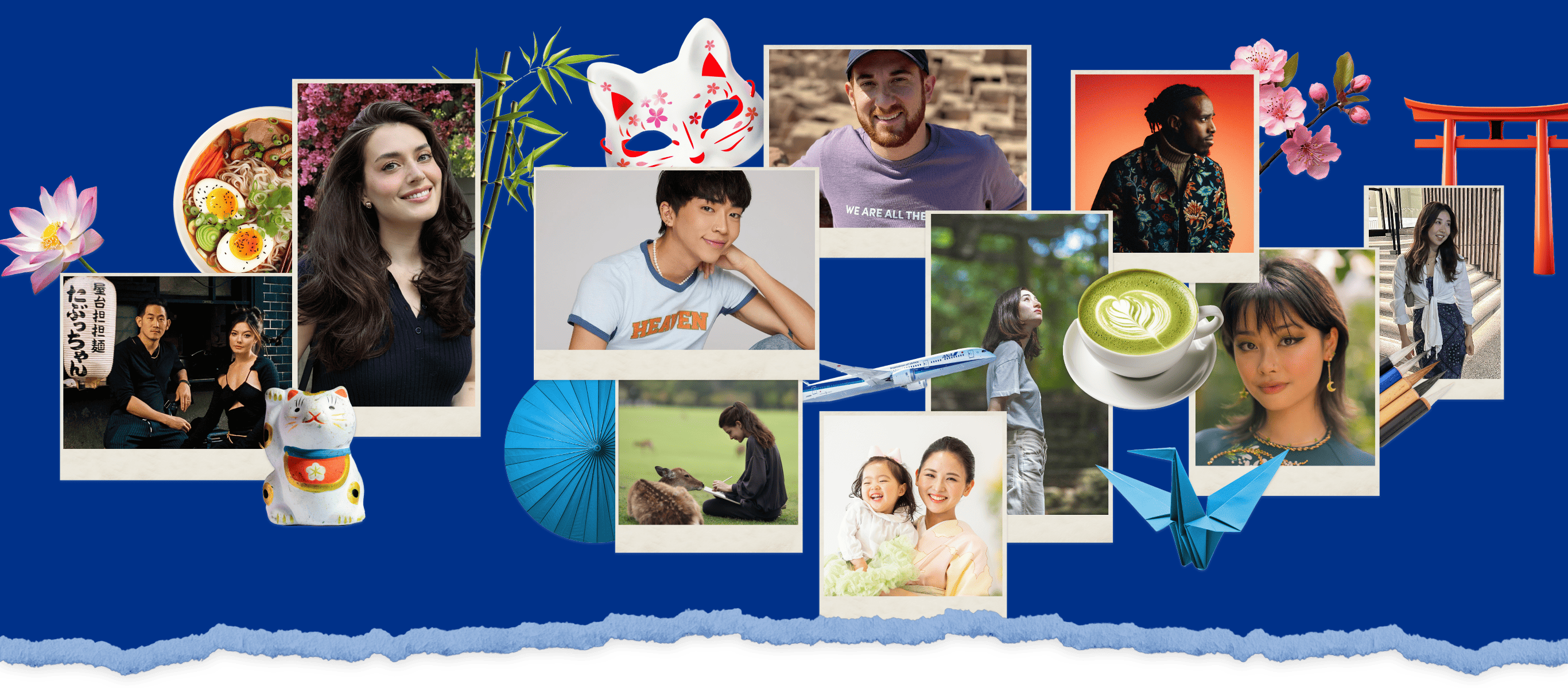 A personalized trip collage featuring people of different genders and ethnicities, cultural elements like a torii gate and maneki-neko, and lifestyle scenes including a matcha latte, an ANA airplane and origami.