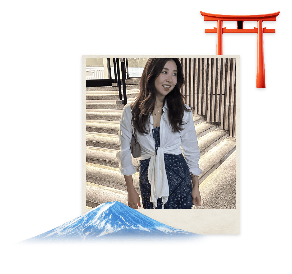 An Asian woman in a blue paisley dress with a white shirt tied in the front smiles and looks to the side, paired with Shinto architecture and mountain in a collage.