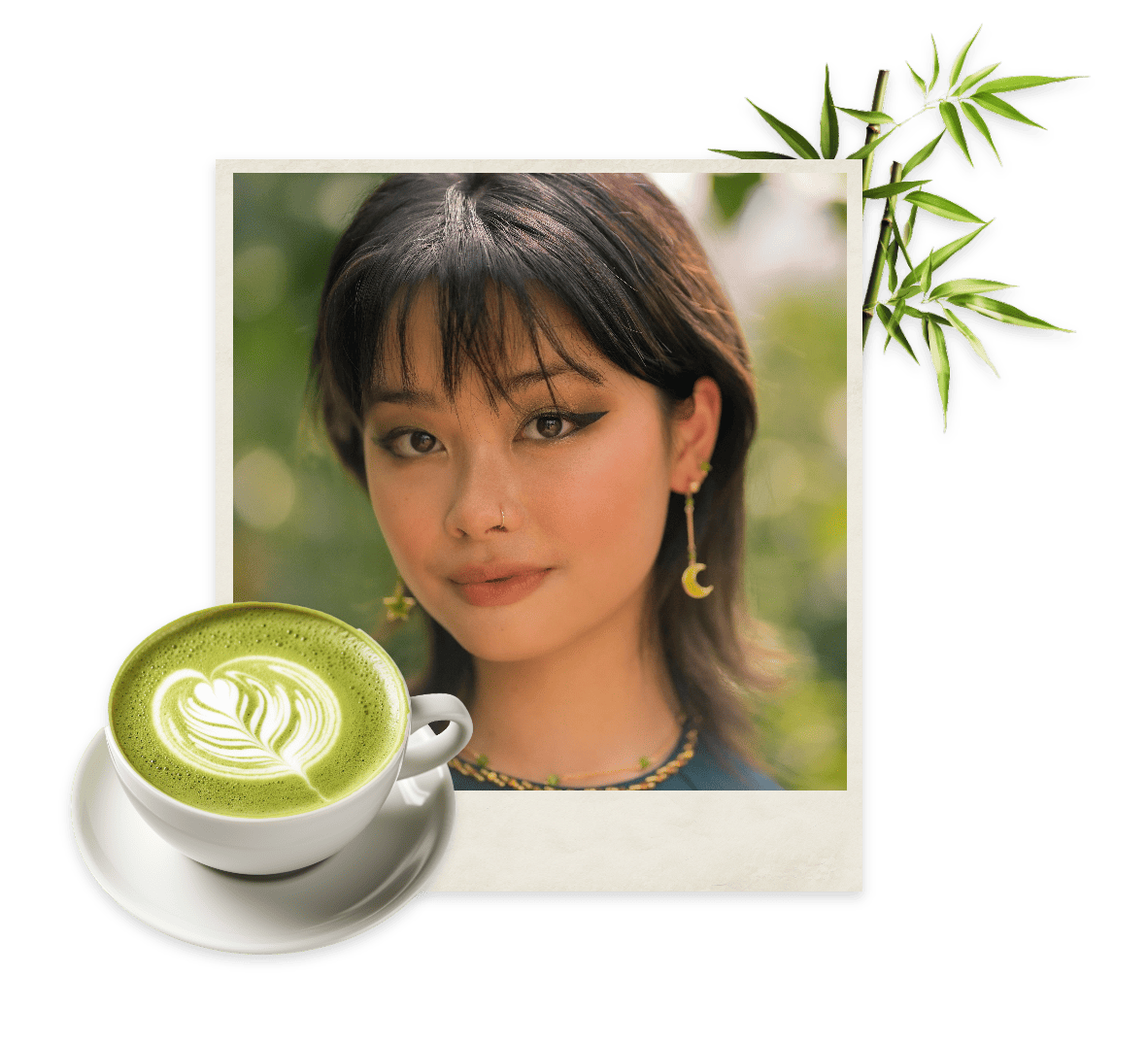 A collage featuring a young woman with dark hair and a subtle smile and a cup of matcha latte with artful foam on the side, set against a leafy green background.