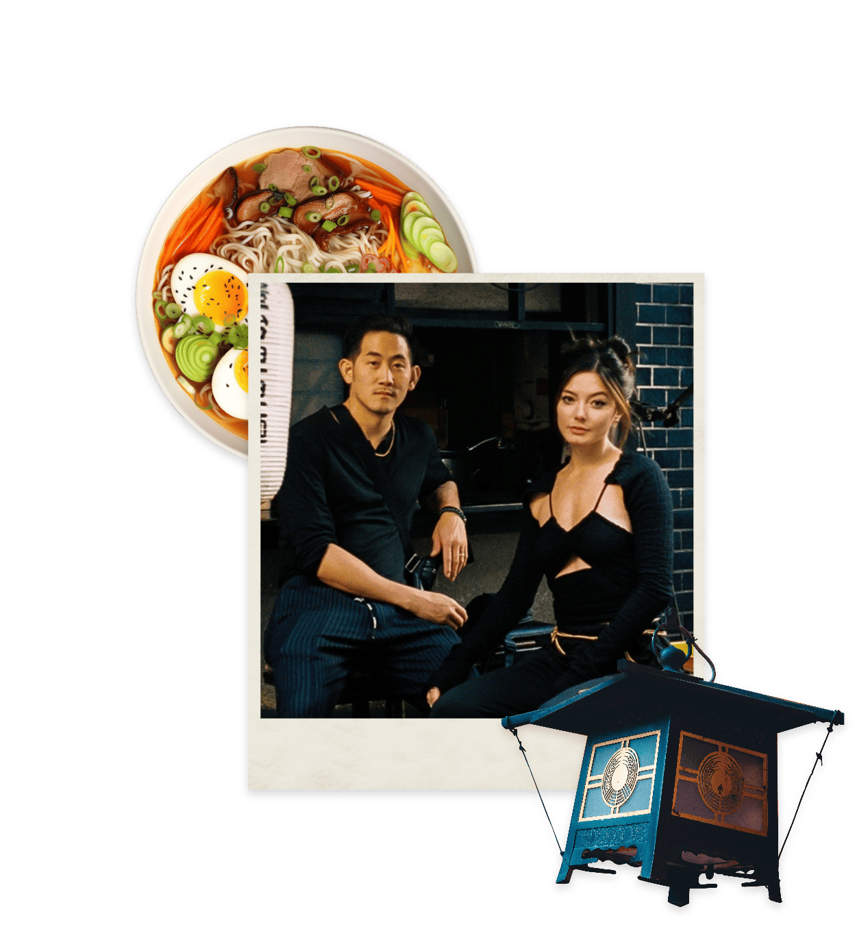 A collage with a noodle dish, beside a photo of an Asian man and woman dressed in black sitting at a table, overlaid on images of travel books.