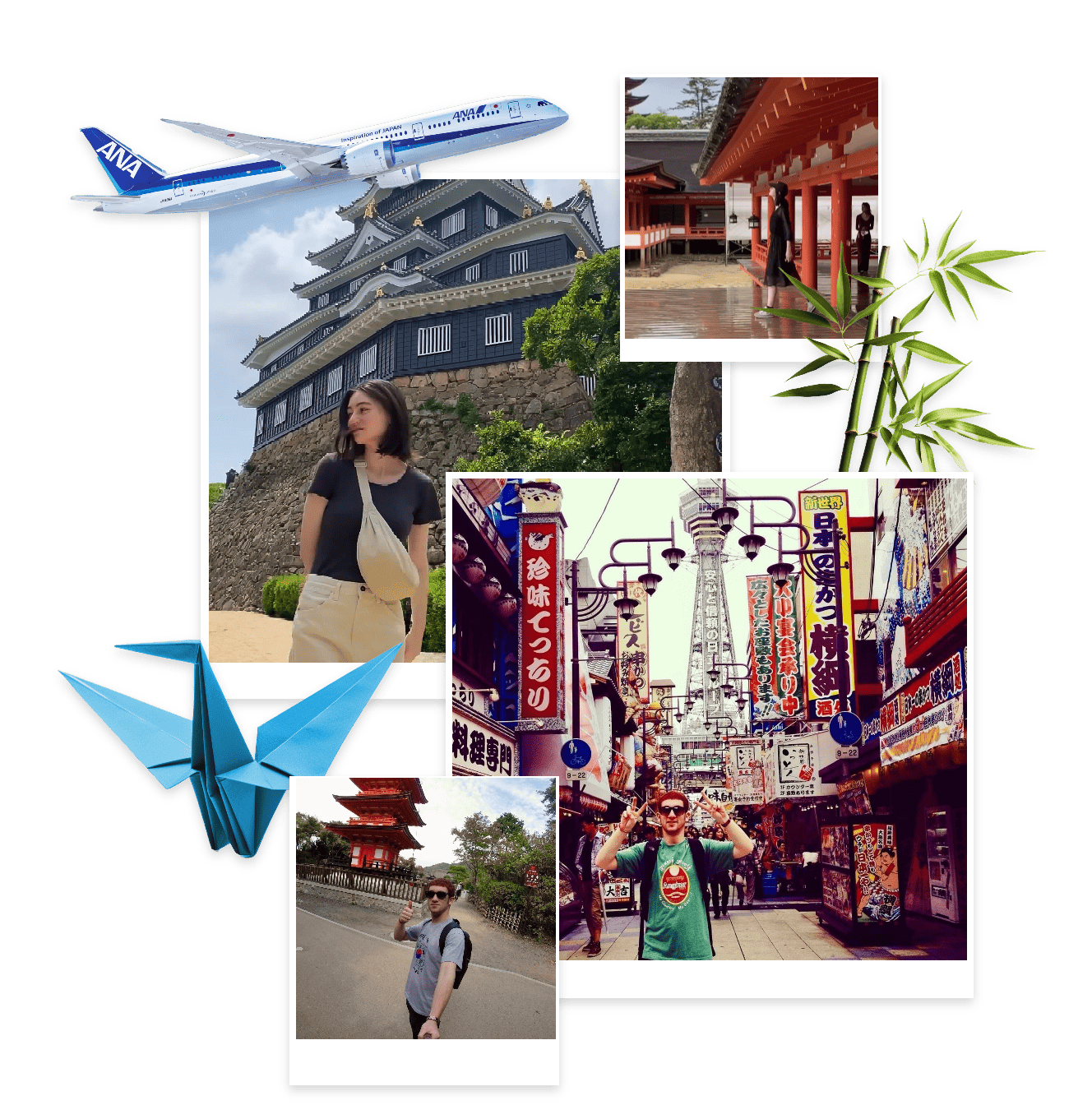 Collage of travel photos in Japan, featuring an ANA airplane, Matsumoto Castle, a woman at a shrine, origami crane, bustling street scene with a man holding up peace signs, and torii gate with a man posing with his thumbs up. 
