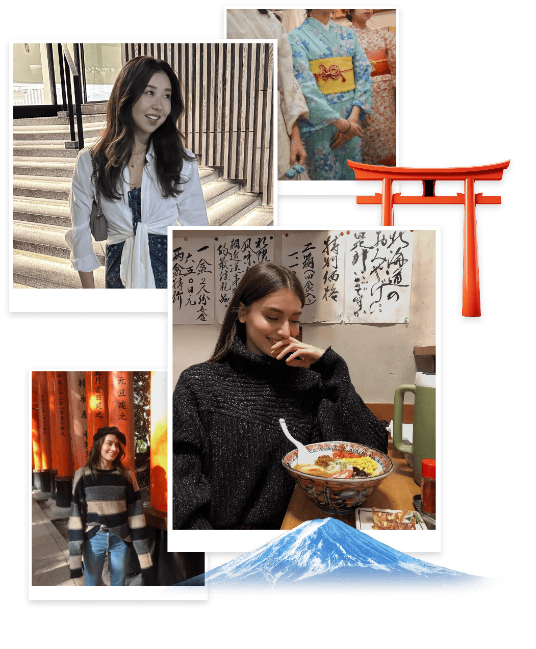 Collage featuring content creators Jess Clements and Alissa with images of women in kimonos, a Shinto temple, and a mountain.