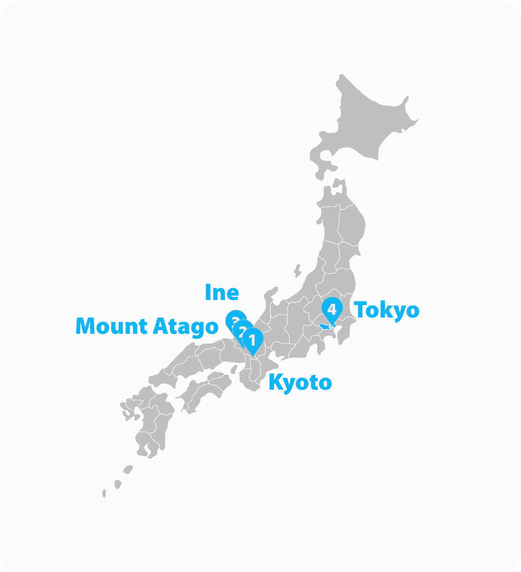 A map of Japan featuring Ine, Mount Atago, Tokyo, and Kyoto.