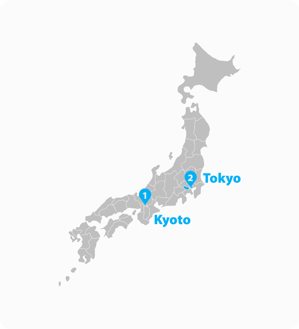 A map of Japan featuring Tokyo and Kyoto.