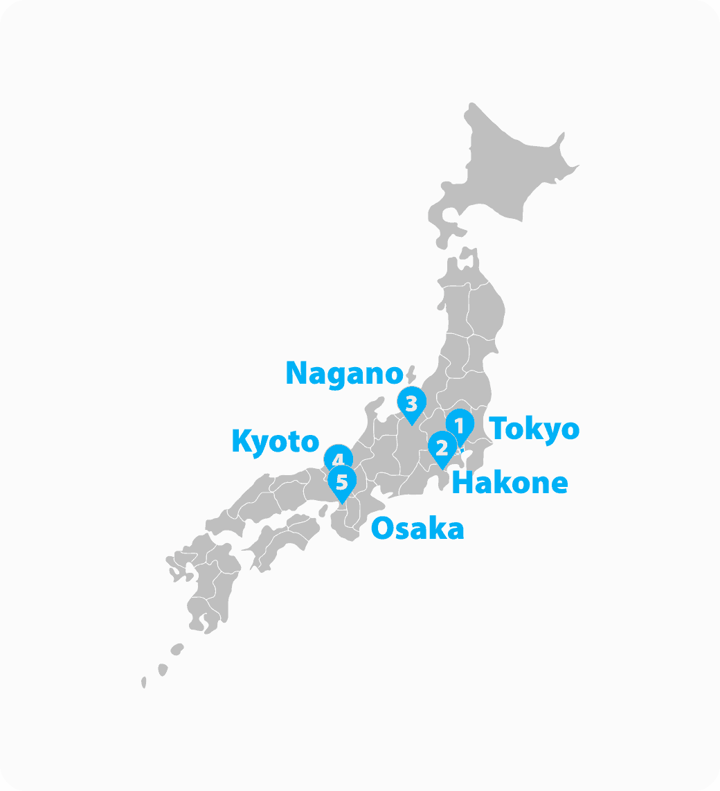 A map of Japan featuring Tokyo, Hakone, Nagano, Kyoto, and Osaka.