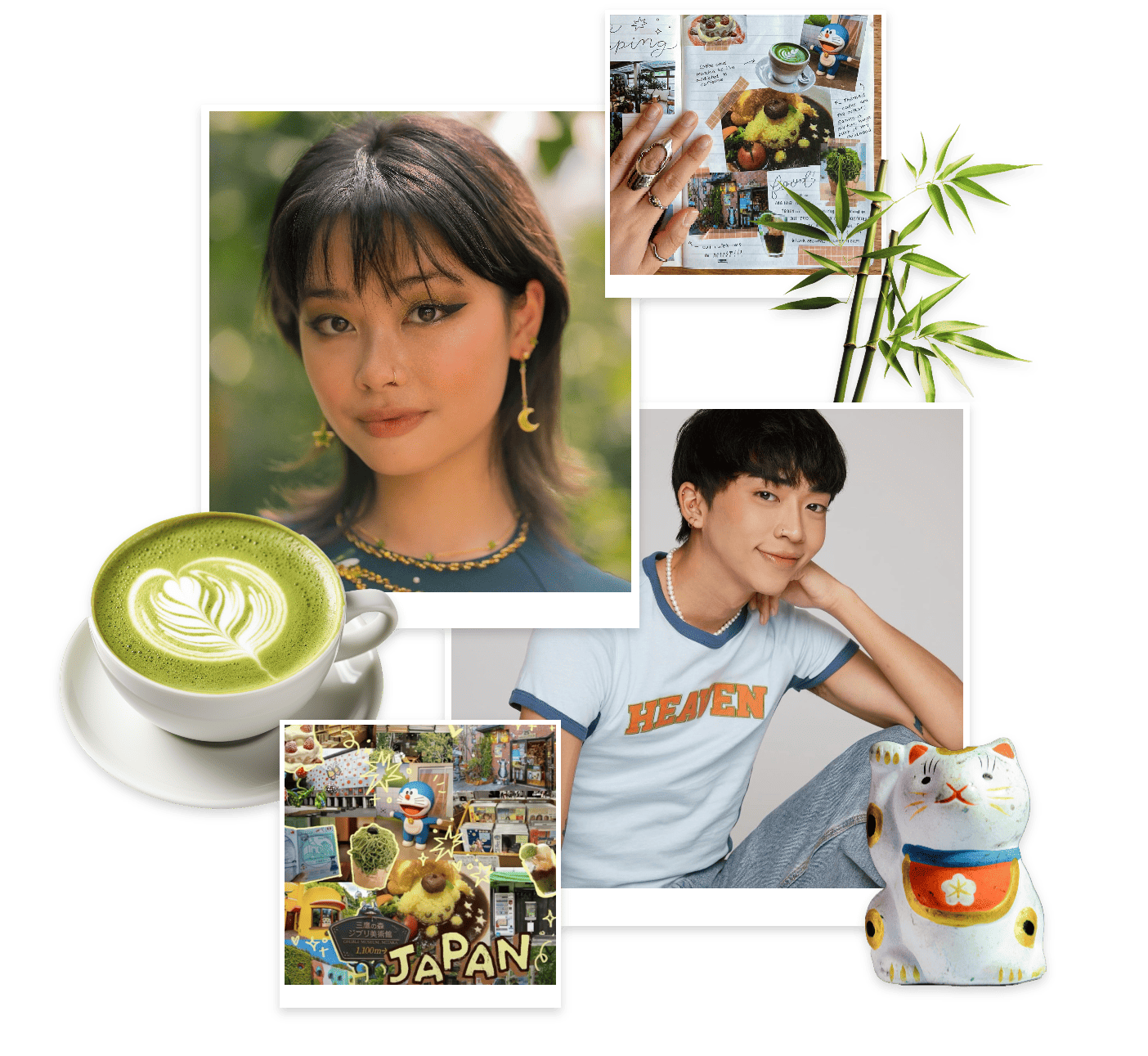 Collage featuring headshots of content creators Linh Truong and Stan, a cup of matcha latte, a beckoning cat statue, postcards, and diary entries about Japan surrounded by bamboo.