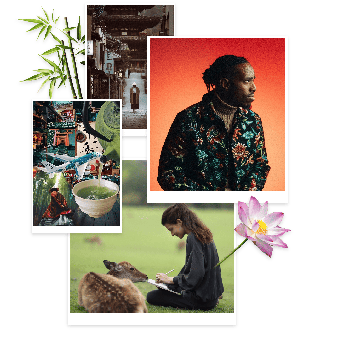 Collage featuring content creators Karl Shakur and empty.japan, matcha tea, a Japanese street with a man in a conical hat, bamboo shoots and flowers.