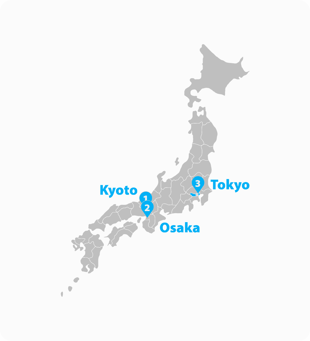 Map of Japan featuring Kyoto, Osaka, and Tokyo.