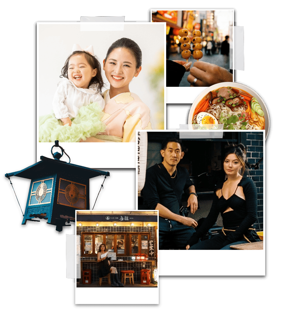 Collage featuring content creators Moe and Nom Life, with a Japense lantern, ramen dish, mitarashi dango, and a restaurant.